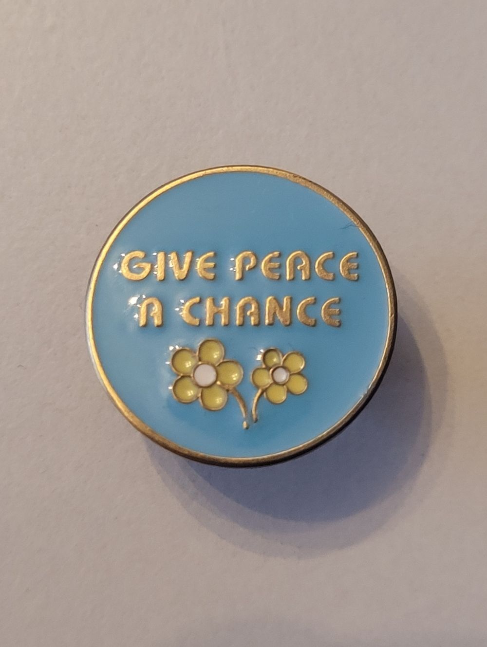 Give Peace a Chance Blue Enamel Pin with Yellow Flowers